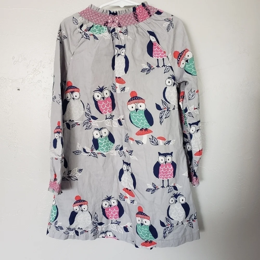 Mini Boden Girls 6-7 Long Sleeve Dress Grey Colorful Owls Smock Neck Cuffs Pink